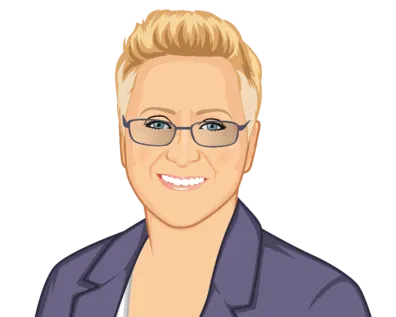 Dr. Amie Gregory cartoon with spiked blond hair, glasses, wearing a blue blazer